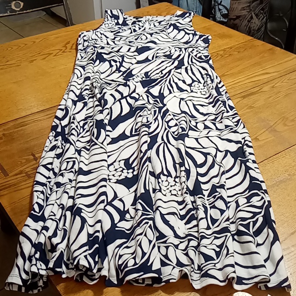 TALBOTS Womens XL Dress Maxi NAVY BLUE White Used Preowned Long Resort Tropical